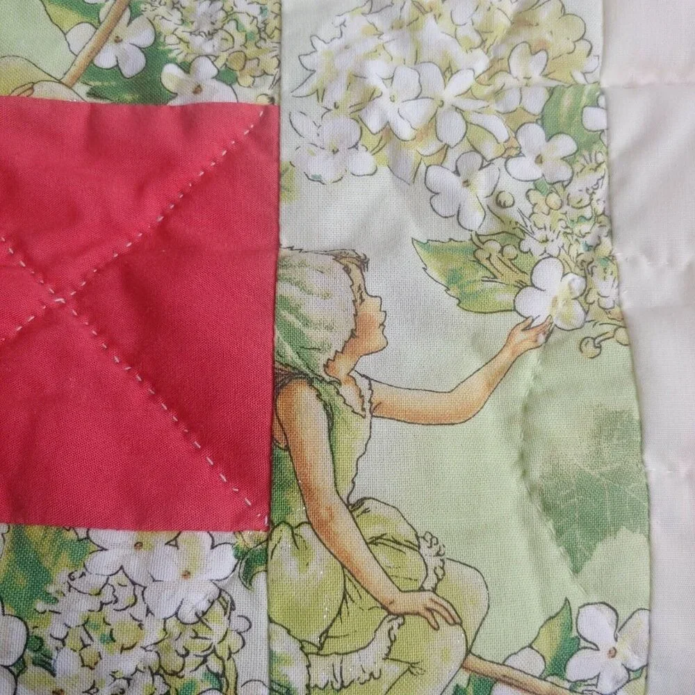 Homemade Baby Quilt Woodland Fairies Sparkle Green Floral Pink Patchwork Magical - Picture 3 of 11
